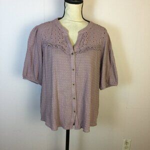 Knox Rose Blouse Shirt Top XL Womans Purple Eyelet Short Sleeve Button Up Boho